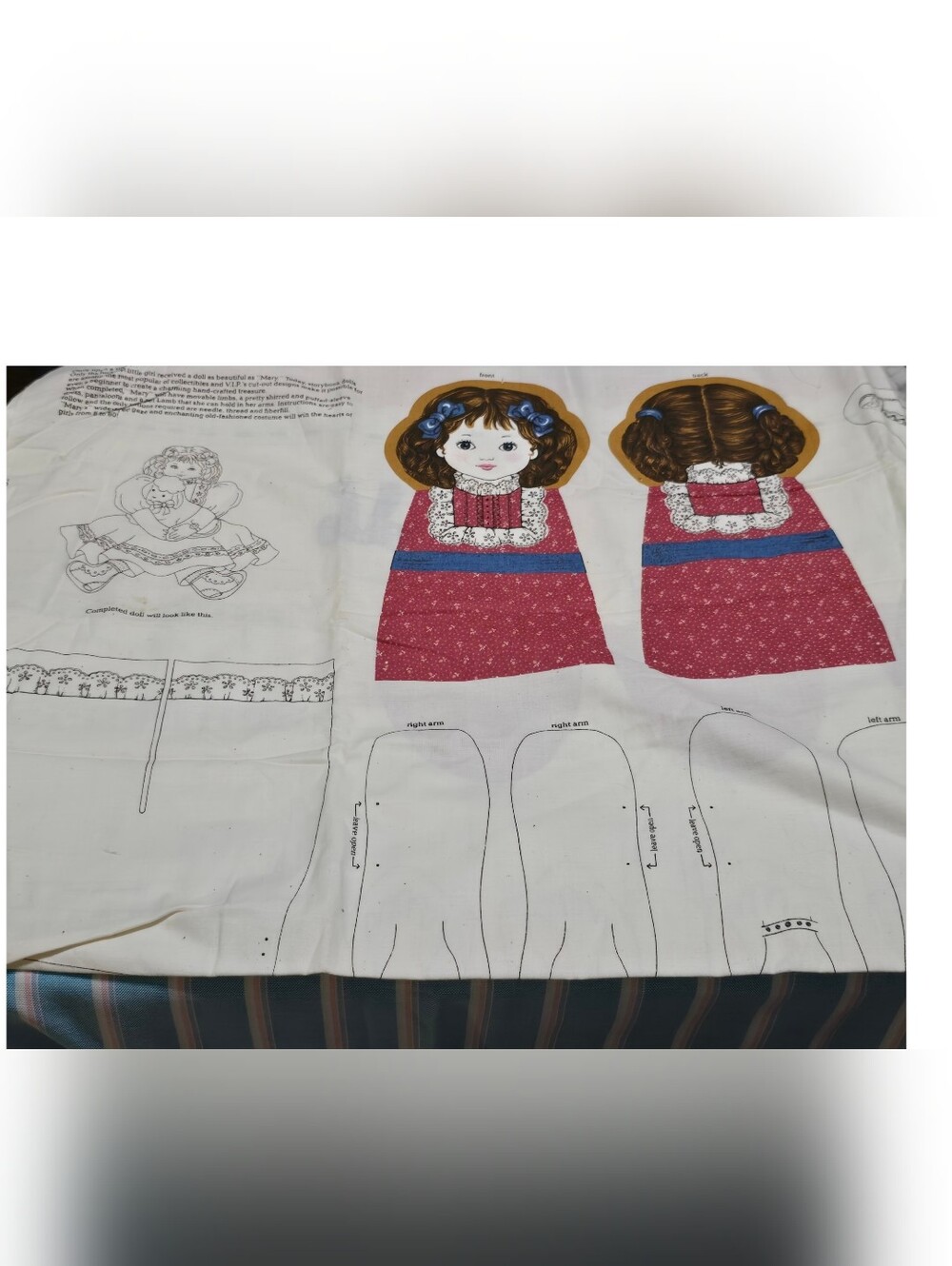 Vintage | Red Printed Doll Appliqué Dress Fabric Panel